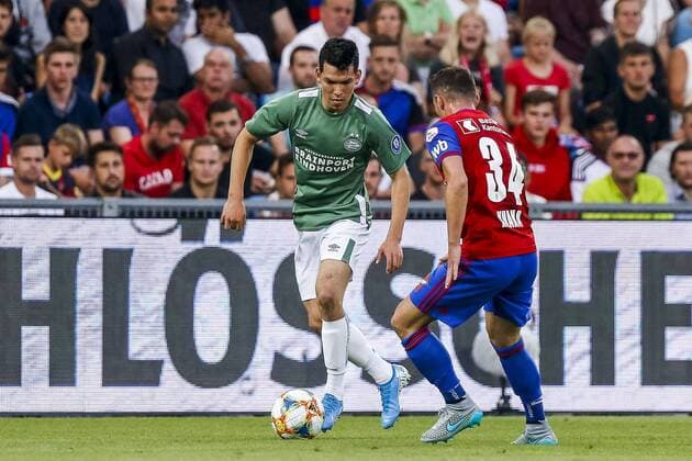 BASEL, 30-07-2019, St. Jakob-Park, Champions League third preliminary round season 2019-2020. Basel - PSV. PSV player Hirving Lozano, Basel player Xhaka. Basel - PSV  x4009291x Copyright: