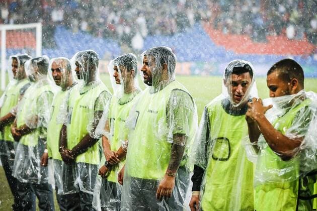 BASEL, 30-07-2019, St. Jakob-Park, Champions League third preliminary round season 2019-2020. Basel - PSV. Stewards in rain capes. Basel - PSV  x4009454x Copyright: