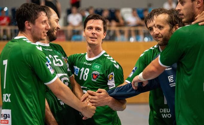 Handball Potsdam MBS Arena Luftschiffhafen 30.07.2019 Blitzturnier Saisonauftakt des 1. VfL Potsdam FÜCHSE BERLIN Vlnr Kevin STRUCK 7 Fuechse Michael Mueller MÜLLER 25 Füchse Hans LINDBERG 18 Fuechse Silvio Heinevetter 12 TW Fuechse Jacob Tandrup HOLM 6 Fuechse Mihajlo MARSENIC 93 Fuechse