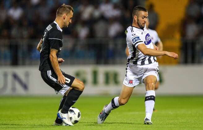 UEFA Champions League Second Qualifying Round Second Leg, Dalga Arena, Baku, Azerbaijan 31 7 2019 Qarabag vs Dundalk Dundalk s Michael Duffy with Maksin Medvedev of Qarabag Michael Duffy with Maksin Medvedev 31 7 2018  Copyright: x©INPHO RyanxByrnex RB1_9784