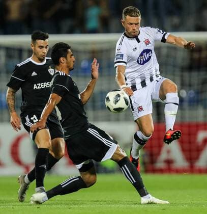 UEFA Champions League Second Qualifying Round Second Leg, Dalga Arena, Baku, Azerbaijan 31 7 2019 Qarabag vs Dundalk Dundalk s Dane Massey with Rahil Mammadov of Qarabag Dane Massey with Rahil Mammadov 31 7 2018  Copyright: x©INPHO RyanxByrnex RB1_0106