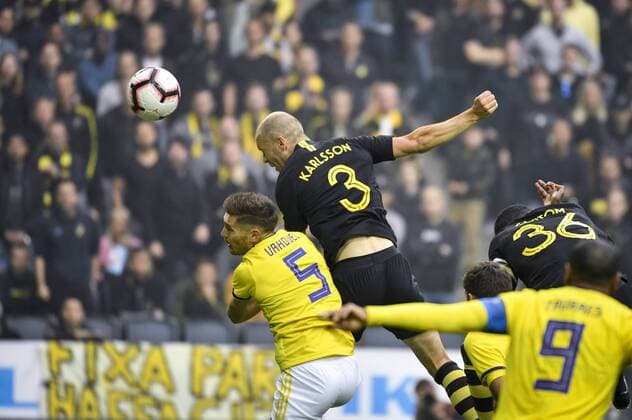 AIK:s Per Karlsson (nr 3, top) scores the opening goal past Maribor s Blaz Vrhovec (nr 5) during the UEFA Champions League second qualifying round leg 2 soccer match between AIK and NK Maribor (Slovenia) at Friends Arena in Stockholm, Sweden, on July 31,2019. Stockholm SWEDEN SOCCER x11880x