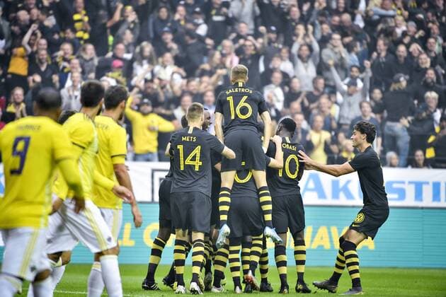 AIK players celebrate their opening goal during the UEFA Champions League second qualifying round leg 2 soccer match between AIK and NK Maribor (Slovenia) at Friends Arena in Stockholm, Sweden, on July 31,2019. Stockholm SWEDEN SOCCER x11880x