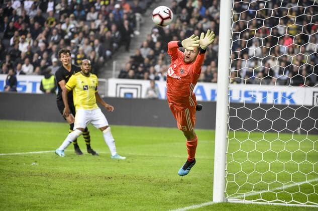 Maribors gaolkeeper Kenan Piric fails to catch the ball as AIK scores their second goal during the UEFA Champions League second qualifying round leg 2 soccer match between AIK and NK Maribor (Slovenia) at Friends Arena in Stockholm, Sweden, on July 31,2019. Stockholm SWEDEN SOCCER x11880x