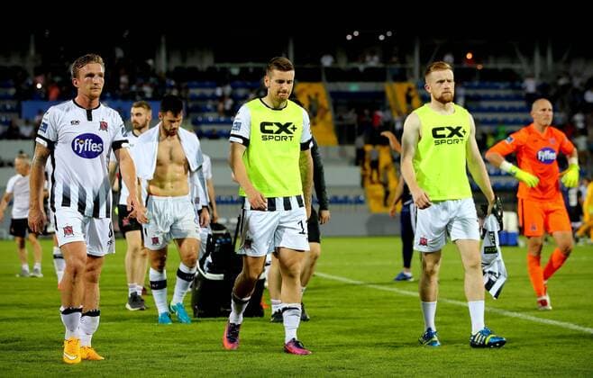 UEFA Champions League Second Qualifying Round Second Leg, Dalga Arena, Baku, Azerbaijan 31 7 2019 Qarabag vs Dundalk Dundalk s John Mountney, Patrick McEleney and Sean Hoare dejected after the game John Mountney, Patrick McEleney and Sean Hoare dejected 31 7 2018  Copyright: x©INPHO RyanxByrnex RB2_0162