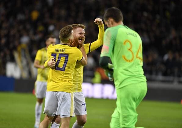 Maribor s Dino Hotic (L) and Vancas Pozeg celebrate after the UEFA Champions League second qualifying round leg 2 soccer match between AIK and NK Maribor (Slovenia) at Friends Arena in Stockholm, Sweden, on July 31,2019. Stockholm SWEDEN SOCCER x11880x