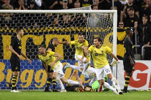 Maribor s Alexandru Cretu (L) celebrates scoring during the UEFA Champions League second qualifying round leg 2 soccer match between AIK and NK Maribor (Slovenia) at Friends Arena in Stockholm, Sweden, on July 31,2019. Stockholm SWEDEN SOCCER x11880x