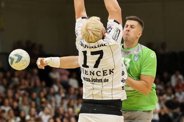 HANDBALL - Allstars vs Kiel, test match GRAZ,AUSTRIA,03.AUG.19 - HANDBALL - Styrian Allstars vs THW Kiel, test match. Image shows Patrick Wiencek (Kiel) and Nemanja Belos (Allstars). GEPAxpictures xChristianxWalgram