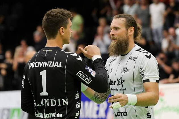 HANDBALL - Allstars vs Kiel, test match GRAZ,AUSTRIA,03.AUG.19 - HANDBALL - Styrian Allstars vs THW Kiel, test match. Image shows Niklas Landin and Pavel Horak (Kiel). GEPAxpictures xChristianxWalgram