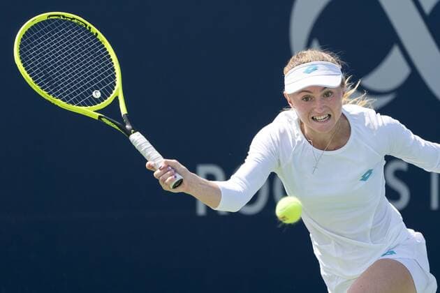 TORONTO, ON - AUGUST 05: Aliaksandra Sasnovich of Belarus returns a ball hit by Elise Mertens of Belgium during the first round of the Rogers Cup WomenÕs tournament on August 5, 2019 at Aviva Centre in Toronto, Ontario. (Photo by Jeff Chevrier Icon Sportswire) TENNIS: AUG 05 Rogers Cup Icon19080505