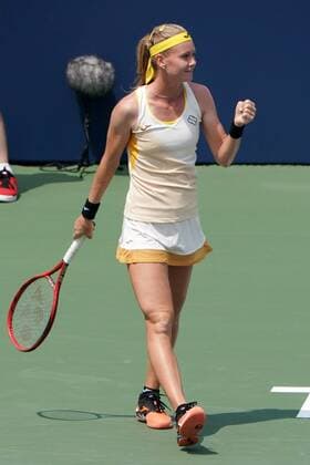 TORONTO, ON - AUGUST 05: Marie Bouzkova of Czechia pumps her fist after defeating Leylah Fernandez of Canada in straight sets after the Rogers Cup WomenÕs tournament match on August 5, 2019 at Aviva Centre in Toronto, Ontario. (Photo by Jeff Chevrier Icon Sportswire) TENNIS: AUG 05 Rogers Cup Icon19080522