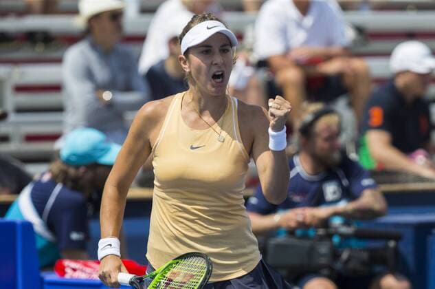(190806) -- TORONTO, Aug. 6, 2019 -- Belinda Bencic of Switerland celebrates scoring during the first round of women s singles match against Anastasia Potapova of Russia at the 2019 Rogers Cup in Toronto, Canada, Aug. 5, 2019. ) (SP)CANADA-TORONTO-TENNIS-ROGERS CUP-WOMEN S SINGLES ZouxZheng 