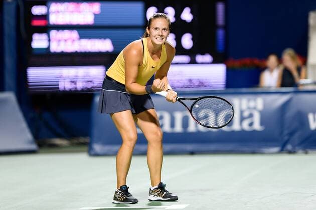 TORONTO, ON - AUGUST 05: Daria Kasatkina (RUS) celebrates after winning her first round match of the Rogers Cup tennis tournament on August 5, 2019, at Aviva Centre in Toronto, ON, Canada. (Photo by Julian Avram Icon Sportswire) TENNIS: AUG 05 Rogers Cup Icon1908051418