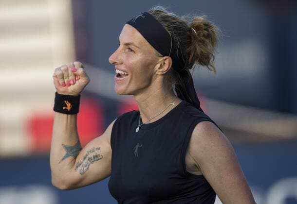 (190806) -- TORONTO, Aug. 6, 2019 -- Svetlana Kuznetsova of Russia celebrates victory after the first round of women s singles match against Wang Xiyu of China at the 2019 Rogers Cup in Toronto, Canada, Aug. 5, 2019. ) (SP)CANADA-TORONTO-TENNIS-ROGERS CUP-WOMEN S SINGLES ZouxZheng 