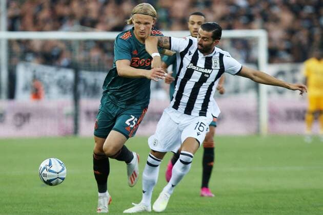THESSALONIKI , 06-08-2019 , Stadio Toumba , Champions League third qualifying round season 2019-2020 , Kasper Dolberg and Jose Angel Crespo during the game PAOK - Ajax. PAOK - Ajax  x4058811x Copyright: