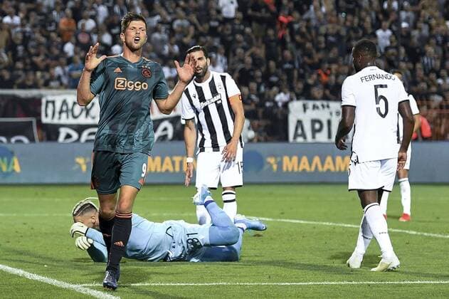 THESSALONIKI , 06-08-2019 , Stadio Toumba , Champions League third qualifying round season 2019-2020 , Ajax player Klaas Jan Huntelaar (L) dejected during the game PAOK - Ajax. PAOK - Ajax  x4058949x Copyright: