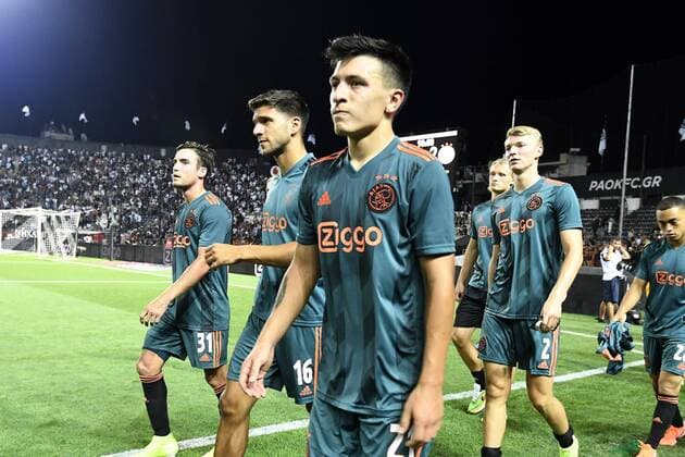 THESSALONIKI , 06-08-2019 , Stadio Toumba , Champions League third qualifying round season 2019-2020 , Ajax player Lisandro Magallan and Ajax player Lisandro Martinez after the match PAOK - Ajax PAOK - Ajax  x4058952x Copyright: