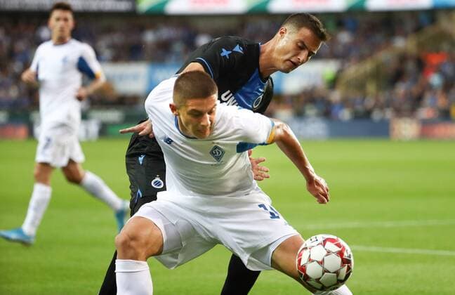 Dynamo s Vitaliy Mykolenko and Club s Matej Mitrovic fight for the ball during a game between Belgian soccer team Club Brugge and Ukrainian club Dynamo Kyiv, in the third qualifying round of the UEFA Champions League competition, Tuesday 06 August 2019 in Brugge. VIRGINIExLEFOUR  x05639467x