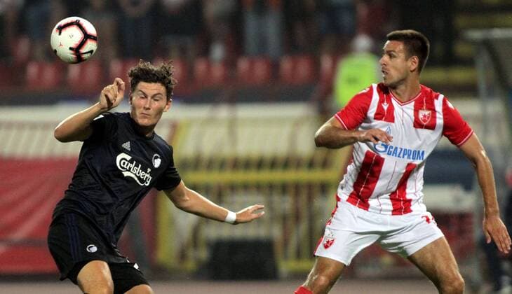 Fußball, CL-Quali, Roter Stern Belgrad - FC Kopenhagen 06.07.2019 Belgrade(Serbia) FK Crvena Zvezda(FC Red Star)-Kobenhavn Copenhagen Third round champions league qualify men s football Jonas Wind FC Copenhagen, Marko Gobeljic FK Crvena Zvezda(FC Red Star) : 