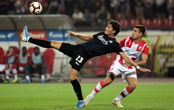 Fußball, CL-Quali, Roter Stern Belgrad - FC Kopenhagen 06.07.2019 Belgrade(Serbia) FK Crvena Zvezda(FC Red Star)-Kobenhavn Copenhagen Third round champions league qualify men s football Jonas Wind FC Copenhagen, Marko Gobeljic FK Crvena Zvezda(FC Red Star) : 