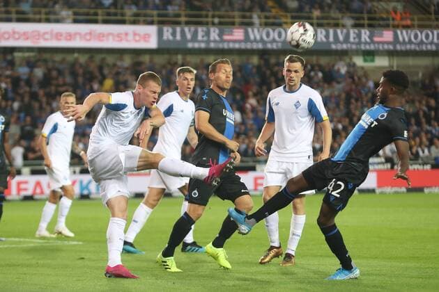 Dynamo s Mykyta Burda, Club s Ruud Vormer and Club s Emmanuel Bonaventure Dennis fight for the ball during a game between Belgian soccer team Club Brugge and Ukrainian club Dynamo Kyiv, in the third qualifying round of the UEFA Champions League competition, Tuesday 06 August 2019 in Brugge. BRUNOxFAHY  x05639482x