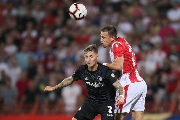 MILAN RODIC of Crvena zvezda during UEFA Champions league qualification match against GUILLERMO VARELA of Copenhagen at Rajko Mitic stadium, Belgrad 06.08.2019. MarkoxMetlas 