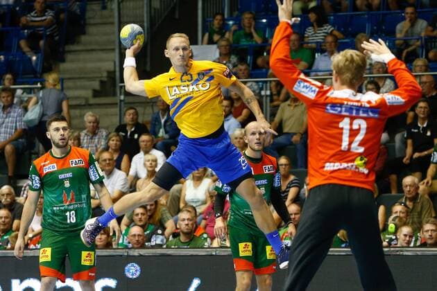 07.08.2019, xtgx, Handball Testspiel, SC Magdeburg - RK Celje emspor, v.l. Tilen Kodrin (Celje) wirft Tor, Torschütze, erzielt Tor, Treffer, scores the goal Haldensleben