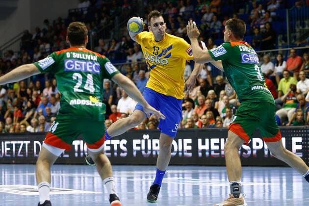 07.08.2019, xtgx, Handball Testspiel, SC Magdeburg - RK Celje emspor, v.l. Jospic Sarac (Celje) wirft Tor, Torschütze, erzielt Tor, Treffer, scores the goal Haldensleben