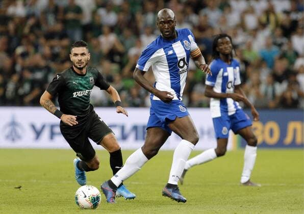 KRASNODAR, RUSSIA - AUGUST 7, 2019: Krasnodar s Remy Cabella (L) and Porto s Danilo Pereira in action in the 2019 20 UEFA Champions League third qualifying round match between FC Krasnodar and FC Porto at Krasnodar Stadium. Valery Matytsin TASS  TS0B5B49