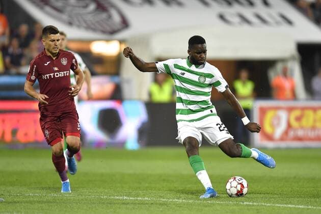 CLUJ-NAPOCA, ROMANIA: CFR CLUJ 1907 - CELTIC FC Celtic FC s Odsonne Edouard in action against Billel Omrani of CFR Cluj during CFR Cluj 1907 vs Celtic FC, in UEFA Champions League 2019 2020, Third Qualifying Round, Dr. Constantin Radulescu Stadium, Cluj-Napoca, Romania, 07 August 2019 Copyright: xALEXxNICODIMx