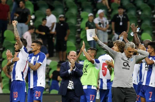 KRASNODAR, RUSSIA - AUGUST 7, 2019: Porto s players and coaches celebrate their victory in the 2019 20 UEFA Champions League third qualifying round match between FC Krasnodar and FC Porto at Krasnodar Stadium. Valery Matytsin TASS  TS0B5B5A