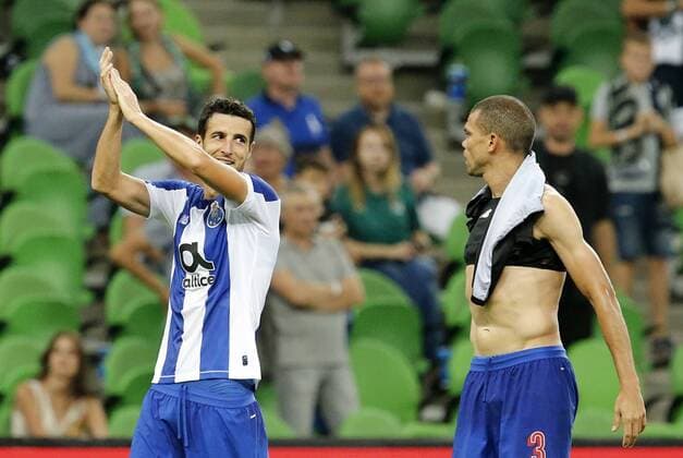 KRASNODAR, RUSSIA - AUGUST 7, 2019: Porto s Ivan Marcano (L) and Pepe celebrate their victory in the 2019 20 UEFA Champions League third qualifying round match between FC Krasnodar and FC Porto at Krasnodar Stadium. Valery Matytsin TASS  TS0B5B5F