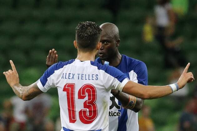 KRASNODAR, RUSSIA - AUGUST 7, 2019: Porto s Alex Telles (front) and Danilo Pereira celebrate their victory in the 2019 20 UEFA Champions League third qualifying round match between FC Krasnodar and FC Porto at Krasnodar Stadium. Valery Matytsin TASS  TS0B5B64