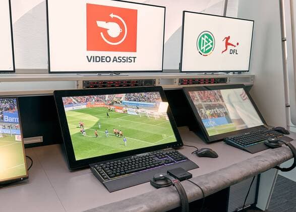 Scenes of a DFL Bundesliga football match on the monitors of the redesigned and expanded Video Assist Center VAC at the Cologne Broadcasting Center in Cologne together with the video operators in Cologne, August 05, 2019, Season 2019 2020. Photographer: Rene Schiffer Peter Schatz Photography