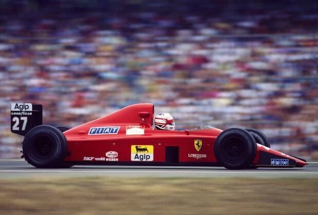Nigel Mansell im Ferrari 640 3.5V12 auf dem Hockenheimring beim Großen Preis von Deutschland 1989 Mansell wurde bei diesem Rennen hinter Senna und Prost