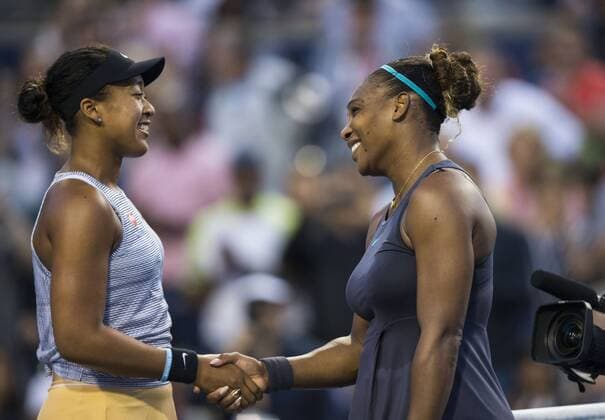 (190810) -- TORONTO, Aug. 10, 2019 -- Serena Williams(R) of the United States shakes hands with Naomi Osaka of Japan after the quarterfinals of women s singles match between Serena Williams of the United States and Naomi Osaka of Japan at the 2019 Rogers Cup in Toronto, Canada, Aug. 9, 2019. ) (SP)CANADA-TORONTO-TENNIS-ROGERS CUP-WOMEN S SINGLES-QUARTERFINALS ZouxZheng 