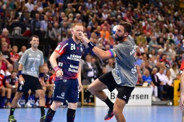 SG Flensburg-Handewitt vs Tobias Karlsson AllStar-Team, Jacob Cement Cup 2019, Flensburg; 10.08.19 Tobias Karlsson (AllStar-Team, 03), Jim Gottfridsson (SG Flensburg-Handewitt, 24) Copyright: xBEAUTIFULxSPORTS MarioxM.xKobergx
