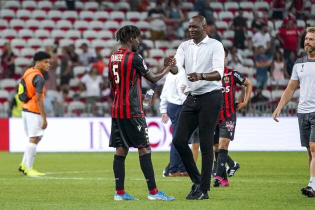 Patrick Vieira (entraineur de l OGC Nice) - Adrien Tameze (OGC Nice) FOOTBALL : OGC Nice vs Amiens SC - Nice - 10 08 2019 NorbertScanella PanoramiC 