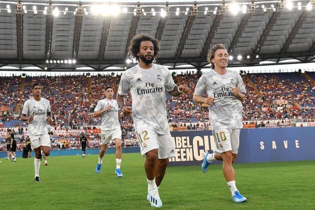 Marcelo and Luka Modric of Real Madrid Roma 11 08 2019 Stadio Stadio Olimpico Football friendly match pre season 2019 2020 AS Roma - Real Madrid Mabel Green Cup Trophy Foto Andrea Staccioli Insidefoto andreaxstaccioli