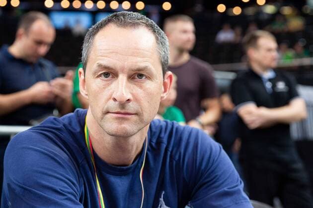 1992 and 1996 Olympic bronze medalist currently general manager of NBA, Basketball Herren, USA Denver Nuggets Arturas Karnisovas is honoured before friendly basketball game Lithuania vs Serbia in Kaunas Zalgiris arena on Monday 12 August 2019. Kaunas Lithuania  Copyright: xÅ½ygimantasxGedvilax karnisovas kaunas basketball