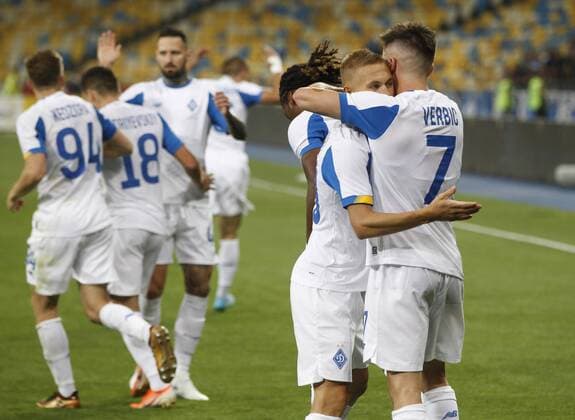 August 13, 2019, Kiev, Ukraine: VITALIY BUYALSKIY (2-R) celebrates after scoring a goal during the UEFA Champions League third qualifying round second leg football match between FC Dynamo Kyiv and Club Brugge KV, at the Olimpiyskiy stadium in Kiev, Ukraine, 13 August 2019. Brugge vs Dynamo Kyiv UEFA Champions League qualifying round - ZUMAg194 20190813_zap_g194_006 Copyright: xSergxGlovnyx