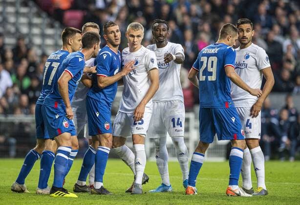 Victor Nelsson (25), FC Koebenhavn, Dame N Doye (14), FC Koebenhavn, Dusan Jovancic (29), Roede Stjerne og Sotirios Papagiannopoulos (4), FC Koebenhavn under kampen i Champions League kvalen mellem FC Koebenhavn og Roede Stjerne i Parken tirsdag den 13. august 2019.. , Copenhagen Denmark Copyright: AndersxKjaerbyex-xRitzauxScanpix AndersxKjaerbyex COP101 spdk20190813-205901-L