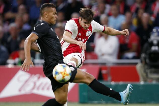 (l-r) Nico Tagliafico of Ajax during the UEFA Champions League third round qualifying second leg match between Ajax Amsterdam and PAOK FC at the Johan Cruijff Arena on August 13, 2019 in Amsterdam, The Netherlands UEFA Champions League 2019 2020 xVIxVIxImagesx xMauricexvanxSteenxIVx 200941678