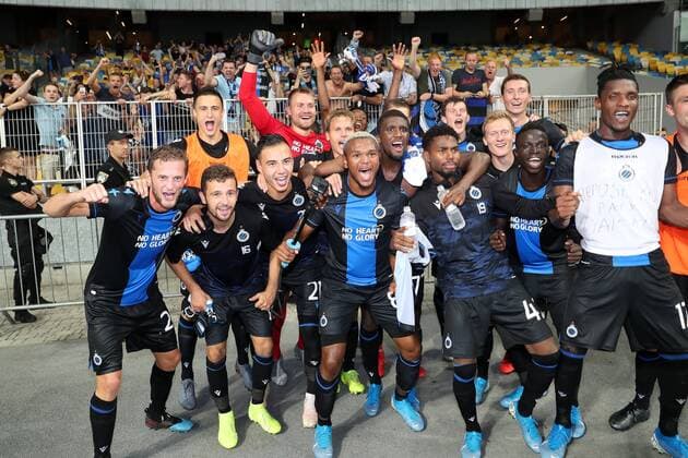Club s players celebrate after winning a soccer game between Ukrainian club Dynamo Kyiv and Belgian team Club Brugge KV, Tuesday 13 August 2019 in Kyiv, Ukraine, the return match in the third qualifying round of the UEFA Champions League. Club won the first leg 1-0. BRUNOxFAHY  x05642896x