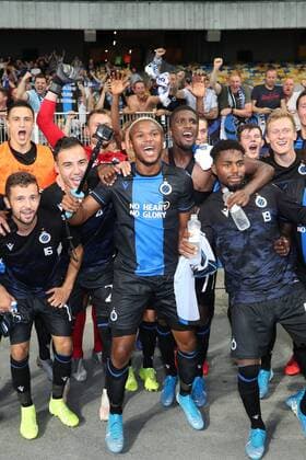 Club s players celebrate after winning a soccer game between Ukrainian club Dynamo Kyiv and Belgian team Club Brugge KV, Tuesday 13 August 2019 in Kyiv, Ukraine, the return match in the third qualifying round of the UEFA Champions League. Club won the first leg 1-0. BRUNOxFAHY  x05642901x