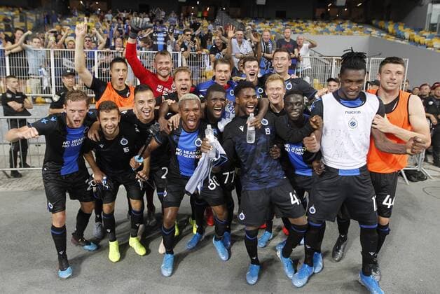 August 13, 2019, Kiev, Ukraine: Players of Brugge celebrate after the UEFA Champions League third qualifying round second leg football match between FC Dynamo Kyiv and Club Brugge KV, at the Olimpiyskiy stadium in Kiev, Ukraine, 13 August 2019. Brugge vs Dynamo Kyiv UEFA Champions League qualifying round - ZUMAg194 20190813_zap_g194_008 Copyright: xSergxGlovnyx