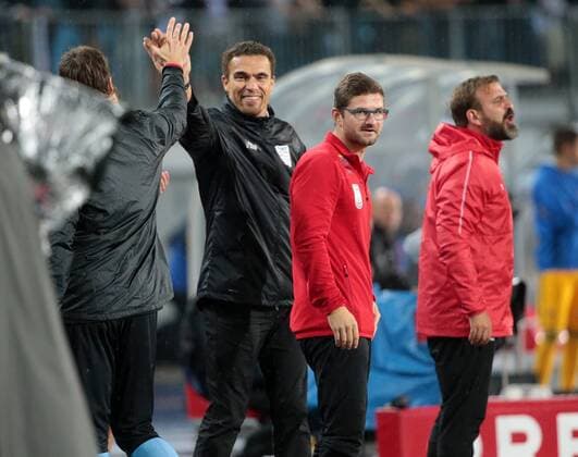 SOCCER - CL qualification, LASK vs Basel LINZ,AUSTRIA,13.AUG.19 - SOCCER - UEFA Champions League, qualification, LASK vs FC Basel. Image shows the rejoicing of head coach Valerien Ismael (LASK) and his team. GEPAxpictures xWalterxLuger