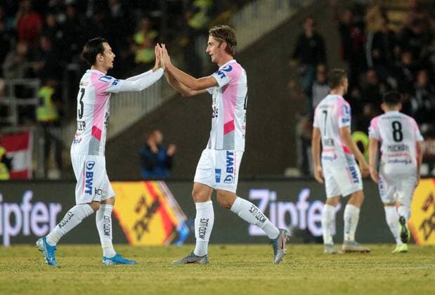 SOCCER - CL qualification, LASK vs Basel LINZ,AUSTRIA,13.AUG.19 - SOCCER - UEFA Champions League, qualification, LASK vs FC Basel. Image shows the rejoicing of Thomas Sabitzer and Marko Raguz (LASK). GEPAxpictures xWalterxLuger