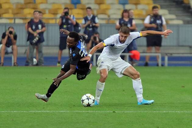 Players of FC Dynamo Kyiv (white kit) and Club Brugge KV (blue and black kit) are seen in action during the UEFA Champions League third qualifying round 2nd leg game at the NSC Olimpiyskiy, Kyiv, capital of Ukraine, August 13, 2019. Ukrinform. Dynamo faces Club Brugge in Champions League qualifier in Kyiv  Copyright: xPavlo_Bagmutx
