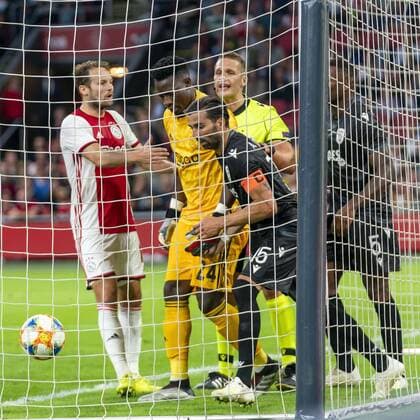 AMSTERDAM, Netherlands, 13-08-2019, football, Johan Cruijff ArenA, Champions League third qualifying round, season 2019-2020, Fighting in the goal for the ball, during the match Ajax - PAOK, Final score : 3-2 Ajax - PAOK  x4106035x Copyright: